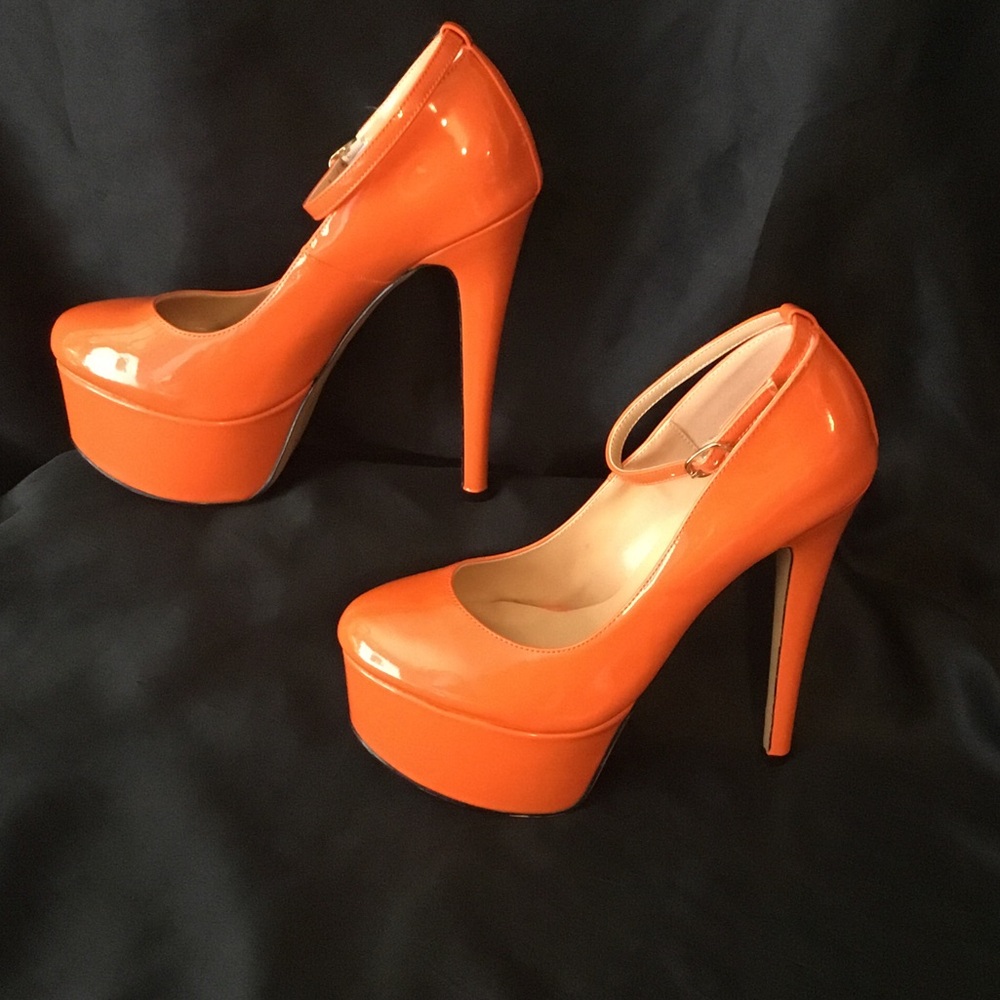 High Gloss Orange Platform Ankle-Strap Pumps for Women
